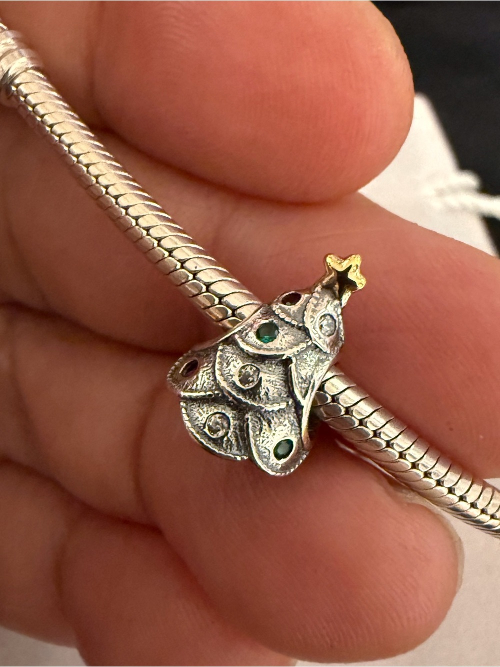 Pandora Silver Christmas Tree Charm with Gold Star and Green Accents